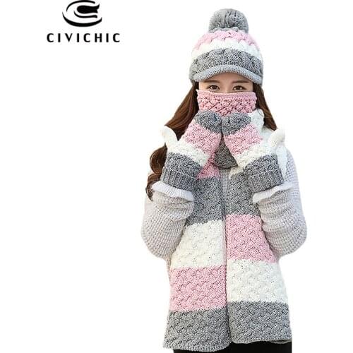 CIVICHIC Korean Style Warm Set Lady Crochet Winter Scarf Hat Glove Mask 4 Pcs Cute Pompon Cap Thicken Mittens Stripe Shawl SH188