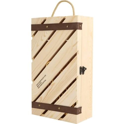 Red Wine Display Storage Box Leather Pine Wooden Slanted Bar High-End Gift Box Holder With Handle Rope For 2 Bottles Of Wine