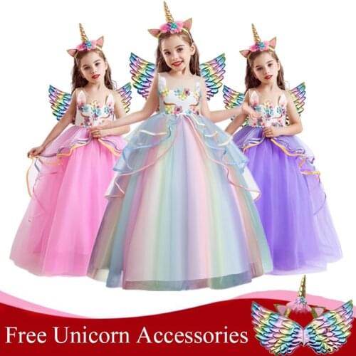 Elegant Unicorn Dress Flower Girl Wedding Ceremony Kids Dress for Girls 5-14Y Children Birthday Party Unicorn Princess Costume