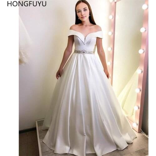 HONGFUYU Off The Shoulder Satin A-line Wedding Dresses Sleeveless Wedding Gowns for Bride Vestido de Novia Crystals Waistband