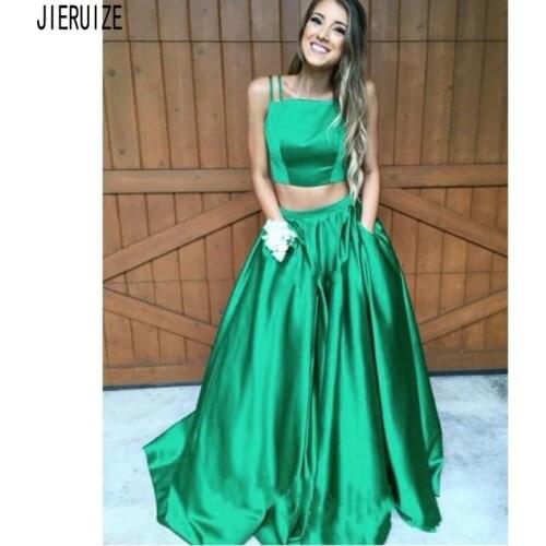 JIERUIZE Simple Green Evening Dresses Spaghetti Strap Backless Pockets Two Pieces Party Prom Gowns Formal Dresses robe de soiree