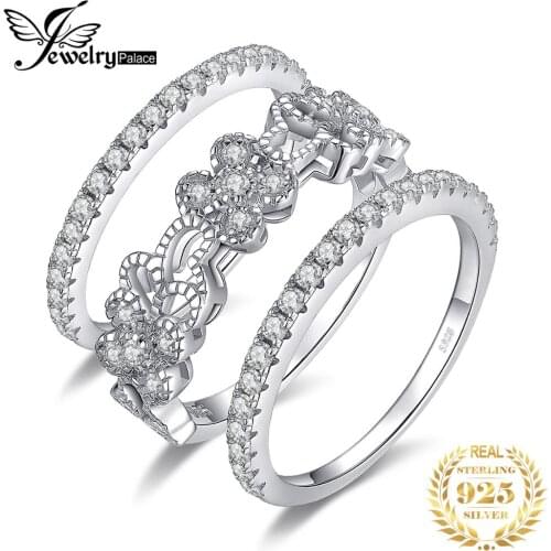 JewelryPalace Flower Butterfly 925 Sterling Silver CZ Simulated Diamond Stackable Ring Eternity Wedding Band Ring Set for Women