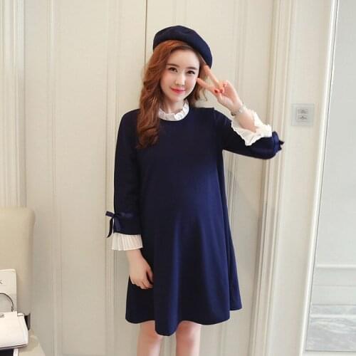 Korean fashion pregnant women autumn and winter plus velvet thick sweet lace stand collar dress