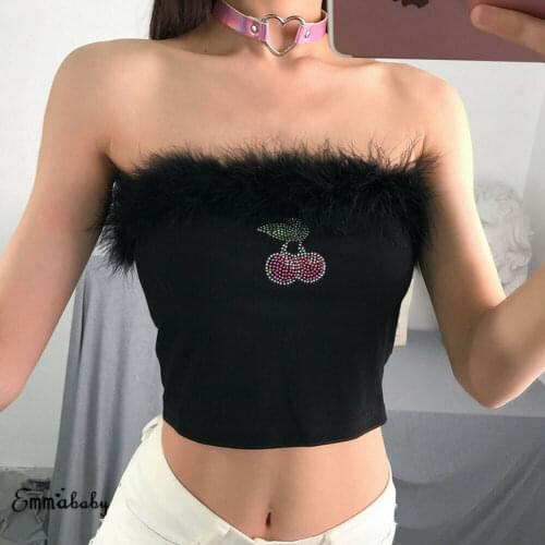 Summer Women Tanks Tops Sexy Cherry Print Strapless Fur Tank Crop Tops Ladies Bustier Casual Off Shoulder T-Shirt