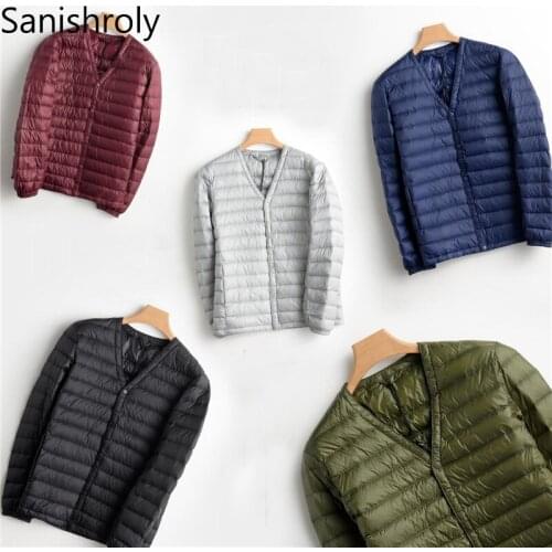Sanishroly Mens Down Coat Autumn Winter Slim Ultra Light White Duck Down Parka Jacket Male V-Neck Thin Short Outwear Tops SE359