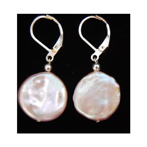 New Arrival Favorite Pearl Jewelry 17mm Silver Tone Freshwater Rosy Violet Coin Pearls Leverback Earrings Charming Lady Gift