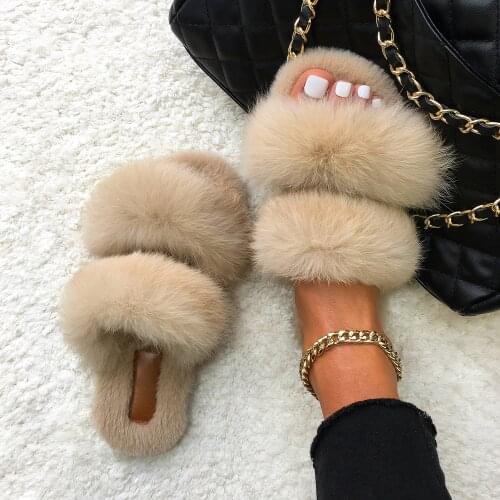 Furry Slides For Women Real Rabbit Fur Slippers Fluffy Flip Flops Plush House Slippers Non-Slip Flat Sandals Female Home Shoes