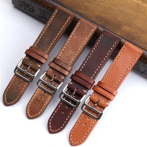 Handmade Brown Leather Watchband 20 22 18MM Soft Antique Style First Layer Leather Strap For Men And Women