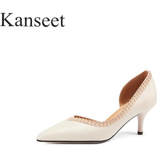 Kanseet Real Leather Women Shoes 2021 Spring Autumn Party Dress Fashion Shoes Patchwork Shallow High Heels PumpsPlus Size 43