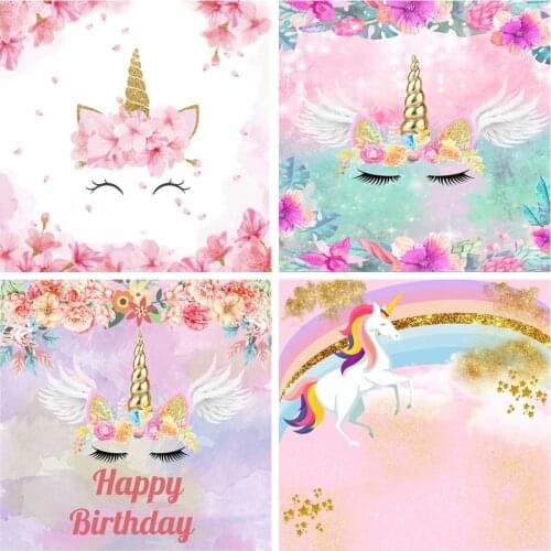 Laeacco Vinyl Backdrops For Photography Pink Flowers Unicorn Birthday Party Poster Child Watercolor Photo Background Photocall