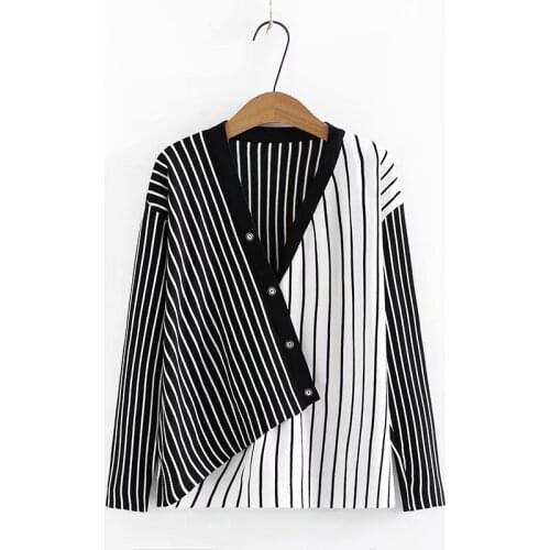 2021 Autumn New Fashion Blouse Female V-neck Long-sleeved Irregular Blusa Stripe Stitching Loose Large Size Shirt DF613