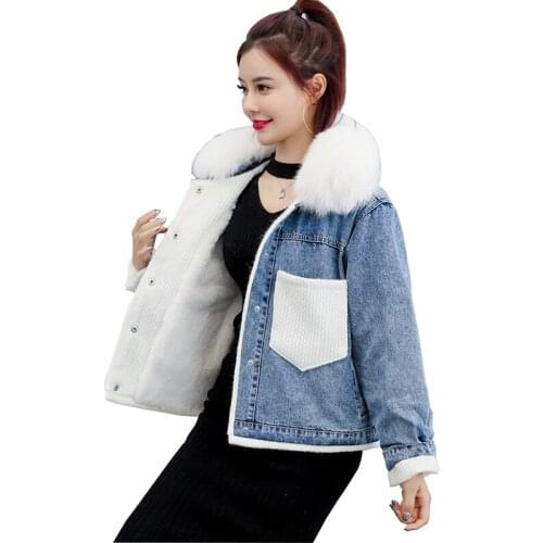 Real shot fashion big fur collar plus velvet denim cotton jacket women autumn winter padded loose splice jeans short coat 3159