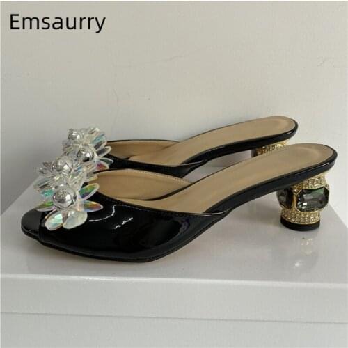 Beaded Rhinestone Flower Party Shoes Summer Diamond Crystal Heel Slingbacks Peep Toe Butterfly-knot Sandals Women