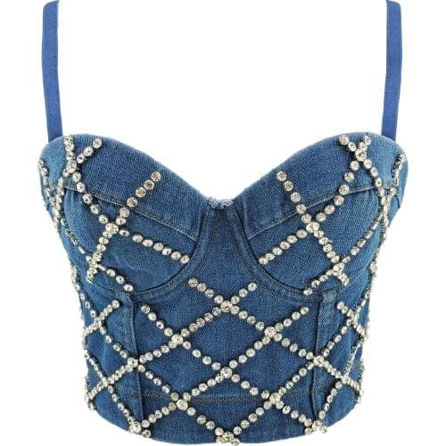 Women Sexy Designer Beading Denim Diamonds Crystal Cotton Camisole Tops Summer 2021 High Street Punk Style Short Camis Crop Tops