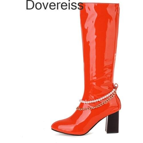 Winter For Woman New Fashion Sexy Consice Pure Color Green Yellow New Chunky Heels Metal Chain Knee High Boots