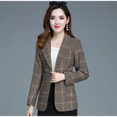 5XL New Autumn Winter Womens Blazers Plaid Business Formal Jackets Vintage Fashionable Office Lady Checkered Wild Work Tops
