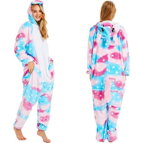 Women Unicorn Onesie Animal Adults Unisex Overalls Winter Animal Pajamas Sleep Jumpsuit Cartoon Stitch Funny Suit Flannel Outfit