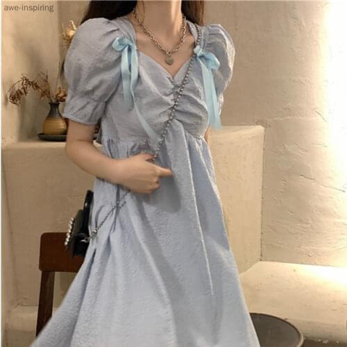 2021 Summer New Dress Temperament Gentle First Love Sweet Sweet Puff Sleeve Waist Bow Knot Slimming Open Back Mid-length