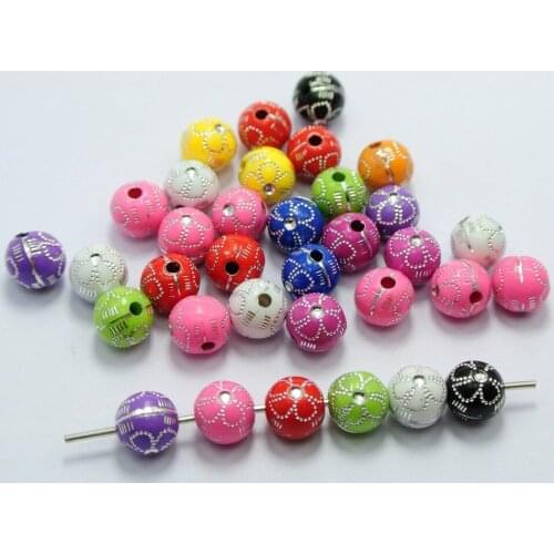 200 Mixed Colour Sparkling Silver Flower Pattern Acrylic Round Beads 8mm