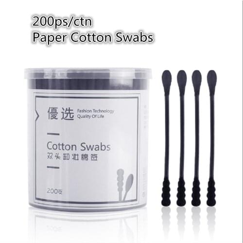 200pcs/ Pack Double usage Cotton Swab Black Disposable Paper Sticks Makeup Lipsticks Eyebrow Medical Nose Ears Cleaning Tools