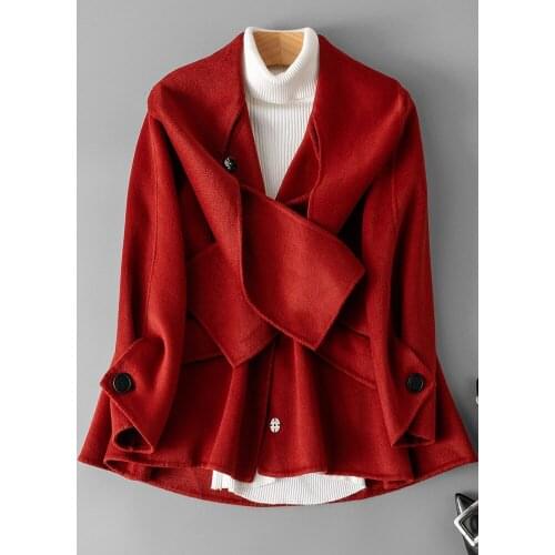 2021 High End Small Double-sided Cashmere Coat Womens Short Personality Collar Slim Show Temperament Wool Coat Fashion