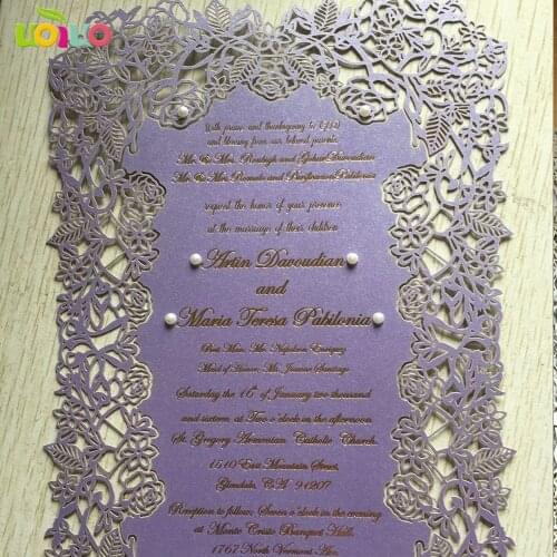 50pc purple card Craft Laser Cut Party Birthday Invitations Card free printing Wedding Invitation Card stick small rhinestone