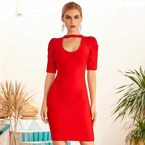 Free Shipping Summer Wholesale Womens Red Short Sleeve Stretch Tight Sexy Club Celebrity Cocktail Party Bandage Dress