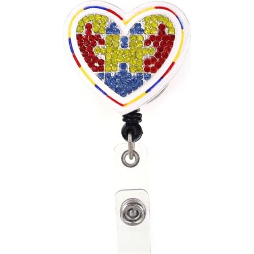 Free Shipping Heart Autism Rhinestone Retractable Reel Badge Holder