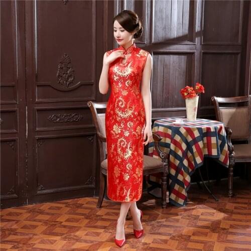 Sleeveless Qipao Elegant Chinese Style Cheongsam Traditional Women Satin Vestidos Sexy Evening Formal Party Dresses Gowns