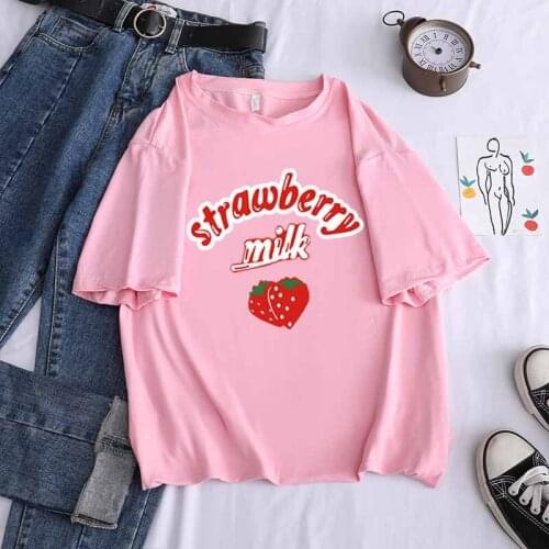Strawberry Milk T Shirt Women Summer Harajuku Kawaii Cartoon Print Tee Shirt Femme Korean Style Casual Short Sleeve Tops Clothes