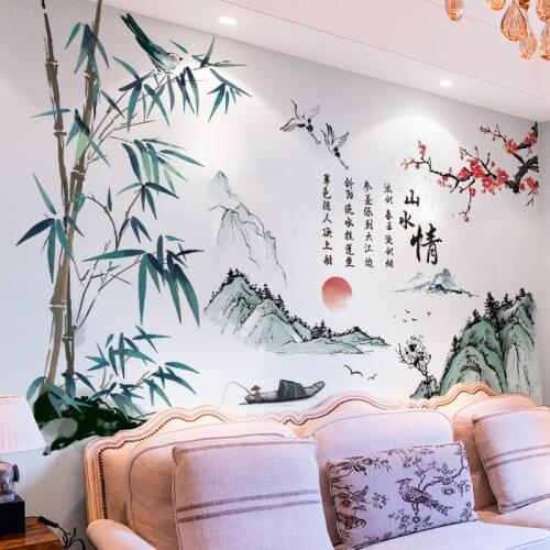Ink Painting Landscape Wall Stickers Home Office Decor DIY Chinese Style Living Room Backdrop Wall Decals Room Decor Large Mural