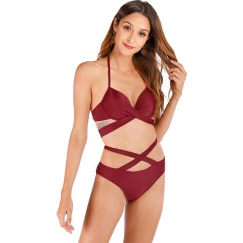 Women Sexy Cross Strap Elastic Adjustable Sling Bikini Fashion Lady Solid Color Low-Cut Quick-Drying Lightweight Split Swimsuit