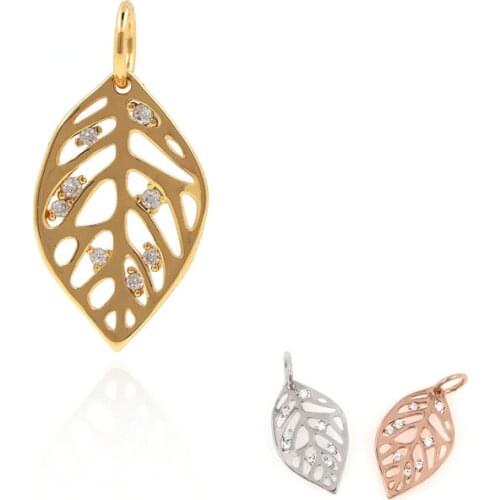 Gold Leaf Necklace, Gold Leaf Pendant, Leaf Charm, Micro-Pavé CZ Jewelry Making Supplies, 20x10x2mm