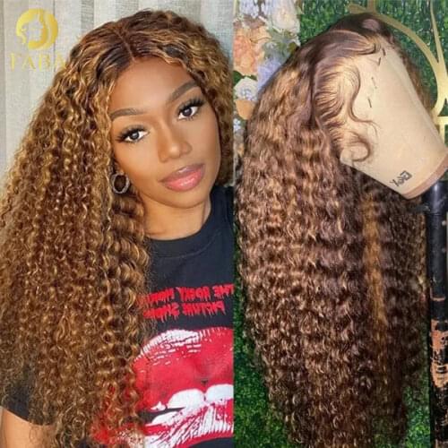 QINGSI Highlight 4*4 Lace Front Curly Hairline with Baby Hair Wigs Human Hair 4/27 Blonde Mixed Brown Human Hair Wigs
