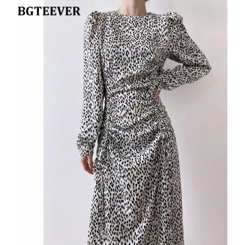 BGTEEVER Elegant O-neck Full Sleeve Leopard Female Dress 2021 Spring Summer Drawstring Slim Waist Ruched Women Dress Vestidos