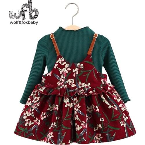 Retail 0-3 years childrens girl long-sleeved knit dress floral harness two sets dress spring fall autumn