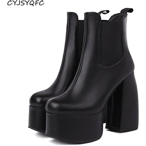CYJSYQFC Sexy Elegant Chunky Heels Black Platform Women Ankle Boots Autumn Winter Thick Bottom Dress Party Ladies Short Boots