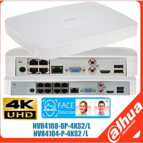 Original Dahua NVR4104-P-4KS2/L NVR4108-8P-4KS2/L 4K H.265 AI face 8Channel POE Smart 1U 4K&H.265 Lite Network Video Recorder