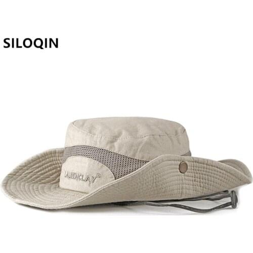 SILOQIN Summer Mens Panama Bucket Hats Mesh Breathable Cap Foldable Cotton Fishing Caps Windproof Rope Fixed Rock Climbing Hat