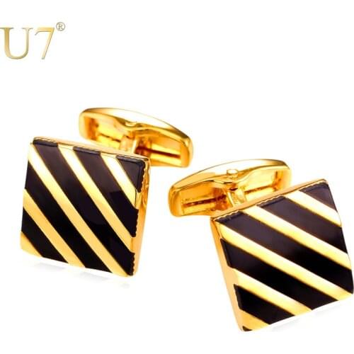 U7 Classic Black Square Cufflinks For Mens Fashion Gold Color Diagonal Stripe Cuff Button Men Suit Jewelry With Box C011