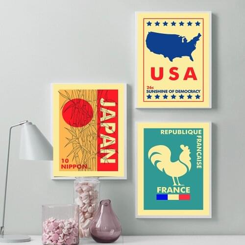 Vintage stamp poster, map illustration of the United States, print decoration of exhibitions in Paris, France and Tokyo, Japan