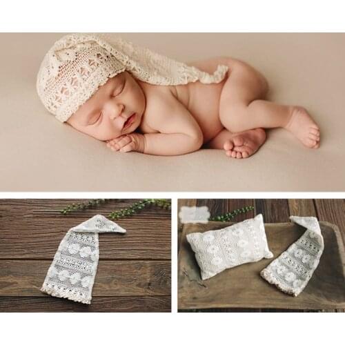 Baby Photography Accessories Beige Hollow Lace Nightcap Pillow Set Newborn Props Boy Girl Photo Shoot Headband No Elasticity Hat