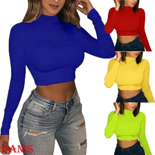 Womens Solid Autumn Warm Long Sleeve Turtleneck Tops Casual T-shirt Fashion Sexy Slim High Waist Lady Short Tops Bottom T-Shirt