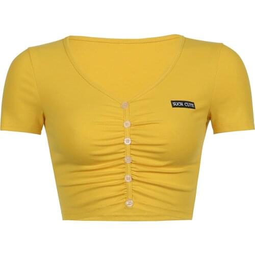 Womens Ruched Front Crop Tops, Sexy Short Sleeve V Neck Button Front Letter T-Shirts