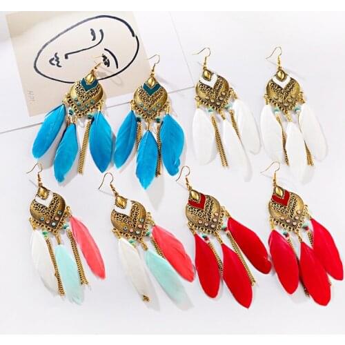 4 Color Womens Water Drop Alloy Vintage Bohemia Feather Earrings Femme Summer Bohemian Long Tassel Beads Dangle Earrings