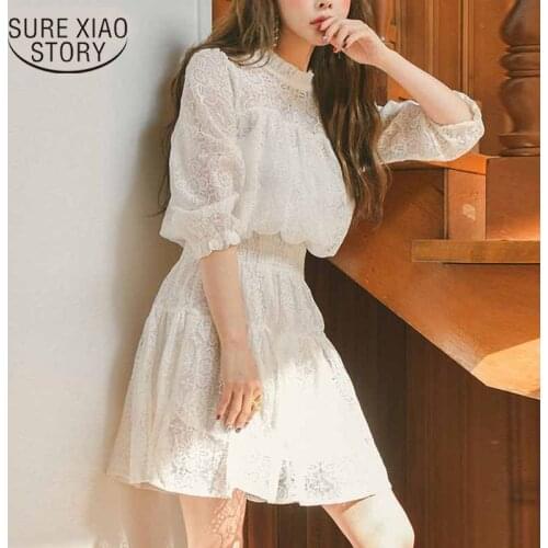 Elegant Lace Dress Office Women White A-Line Dress Half Sleeve Elastic Waist Harajuku Vestidos Korean Style Robe Mujer 12106