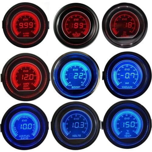 2" 52mm 12V Auto Gauge Blue /Red Led Digital Boost Water Temp Oil Temp Oil Press Voltage Tachometer Air Fuel Ratio EGT Meter