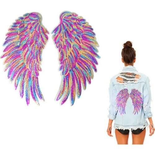 2 Pairs Ombre Flying Angel Wings Rainbow Wings Applique DIY Embroidery Neckline Applique Sewing Craft For Jacket , Costumes