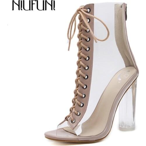 NIUFUNI Plus Size Womens Ankle Boots PVC Transparent High Heels Rain Boots Women Shoes Spring Autumn Peep Toe Botas Mujer