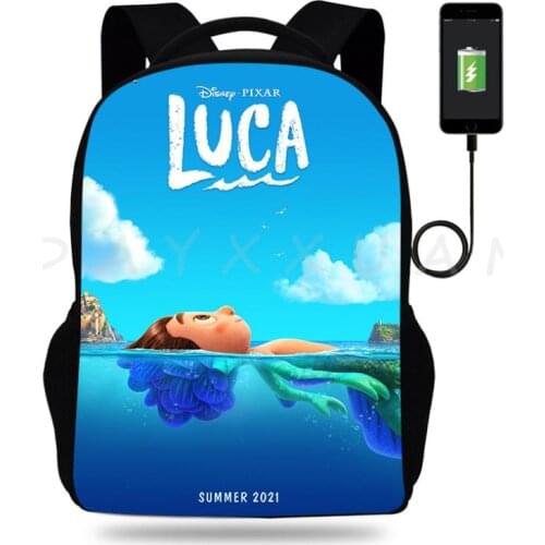 Disney Luca Kids Backpacks Cartoon Printing Alberto Sea Monster Boys School Bags with Headphone Jack Data Cable Travel Backpacks